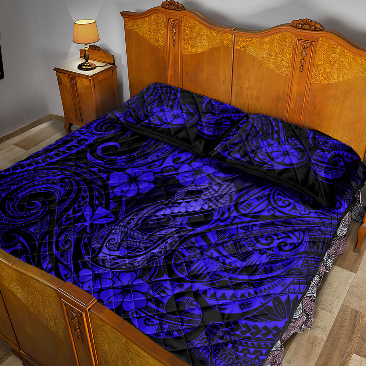 Hawaii Fish Hook Quilt Bed Set Polynesian Pattern Navy Blue Version - Wonder Print Shop