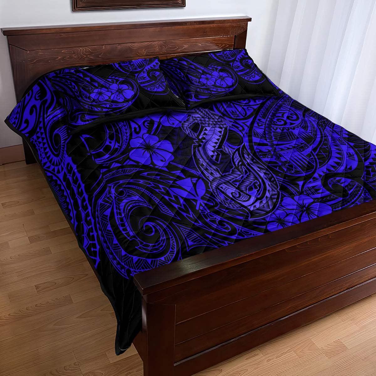 Hawaii Fish Hook Quilt Bed Set Polynesian Pattern Navy Blue Version - Wonder Print Shop