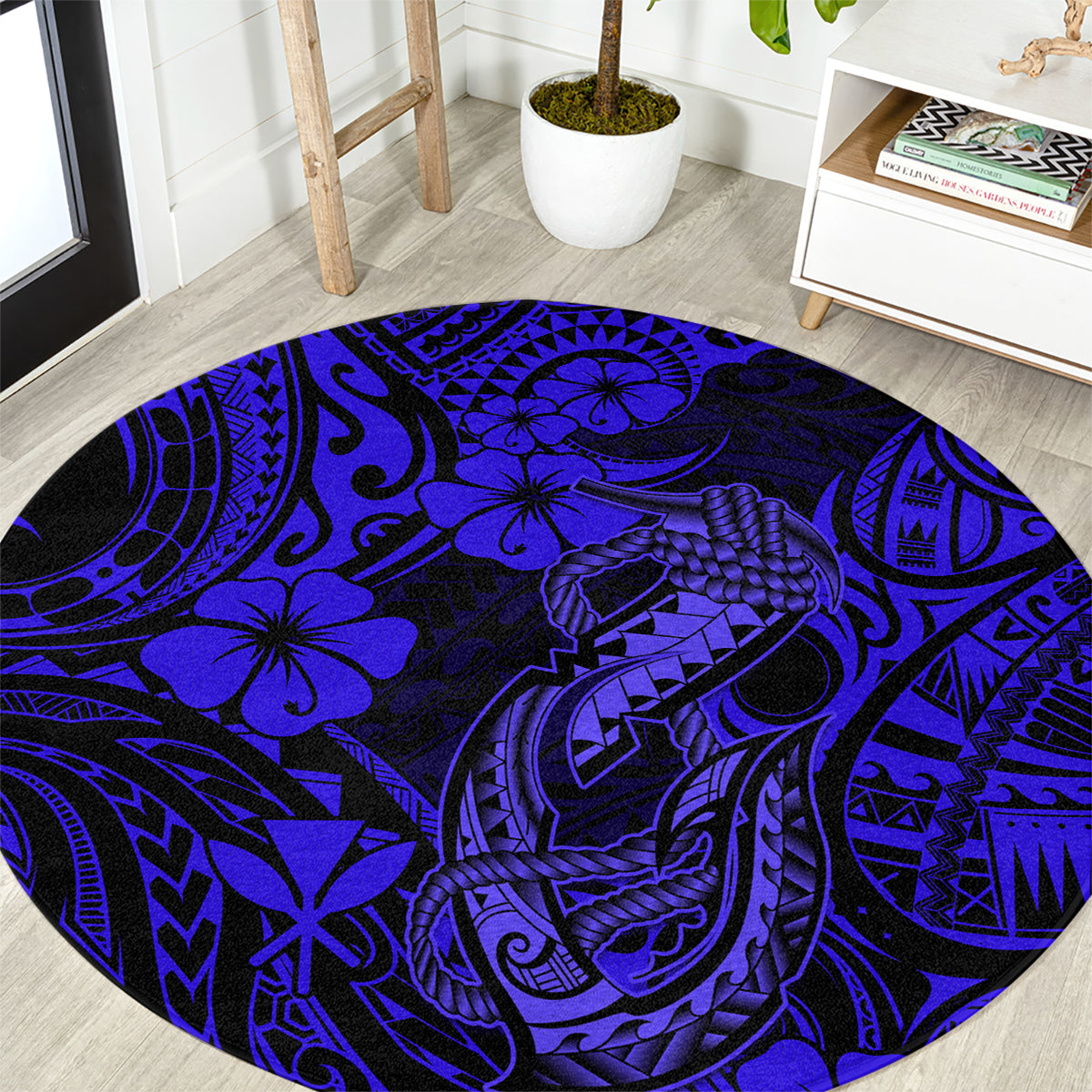 hawaii-fish-hook-round-carpet-polynesian-pattern-navy-blue-version