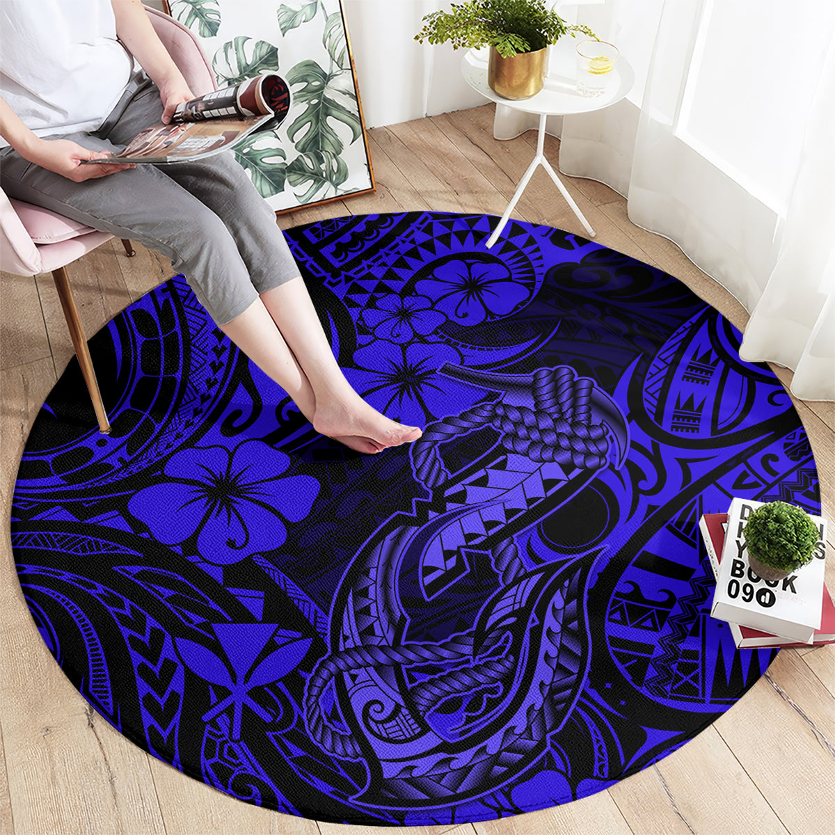 hawaii-fish-hook-round-carpet-polynesian-pattern-navy-blue-version