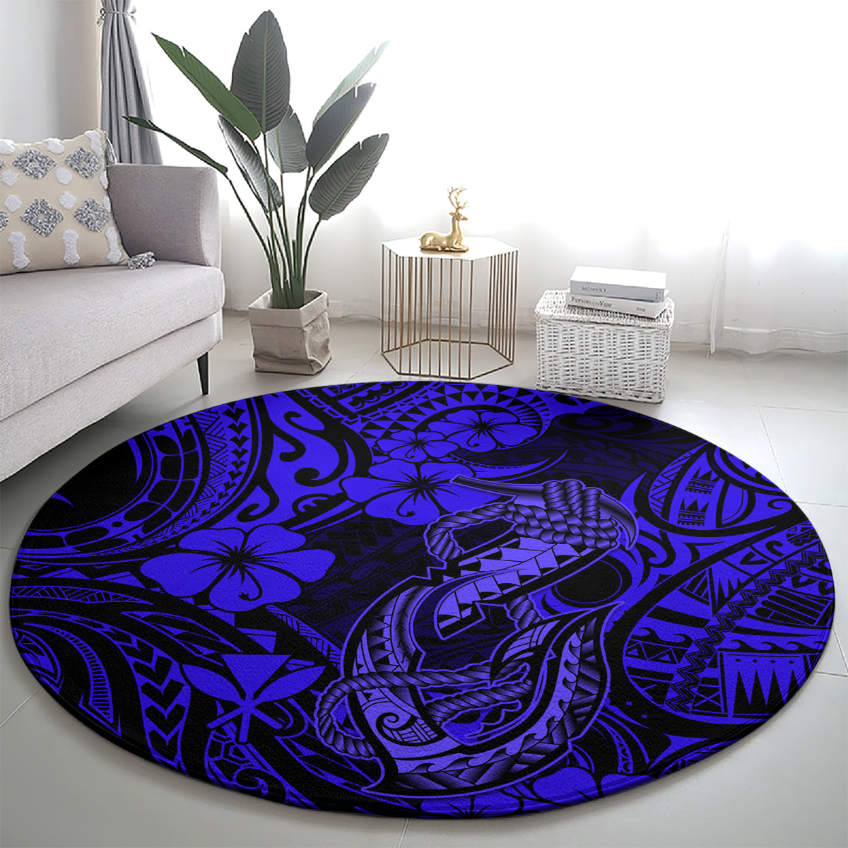 hawaii-fish-hook-round-carpet-polynesian-pattern-navy-blue-version