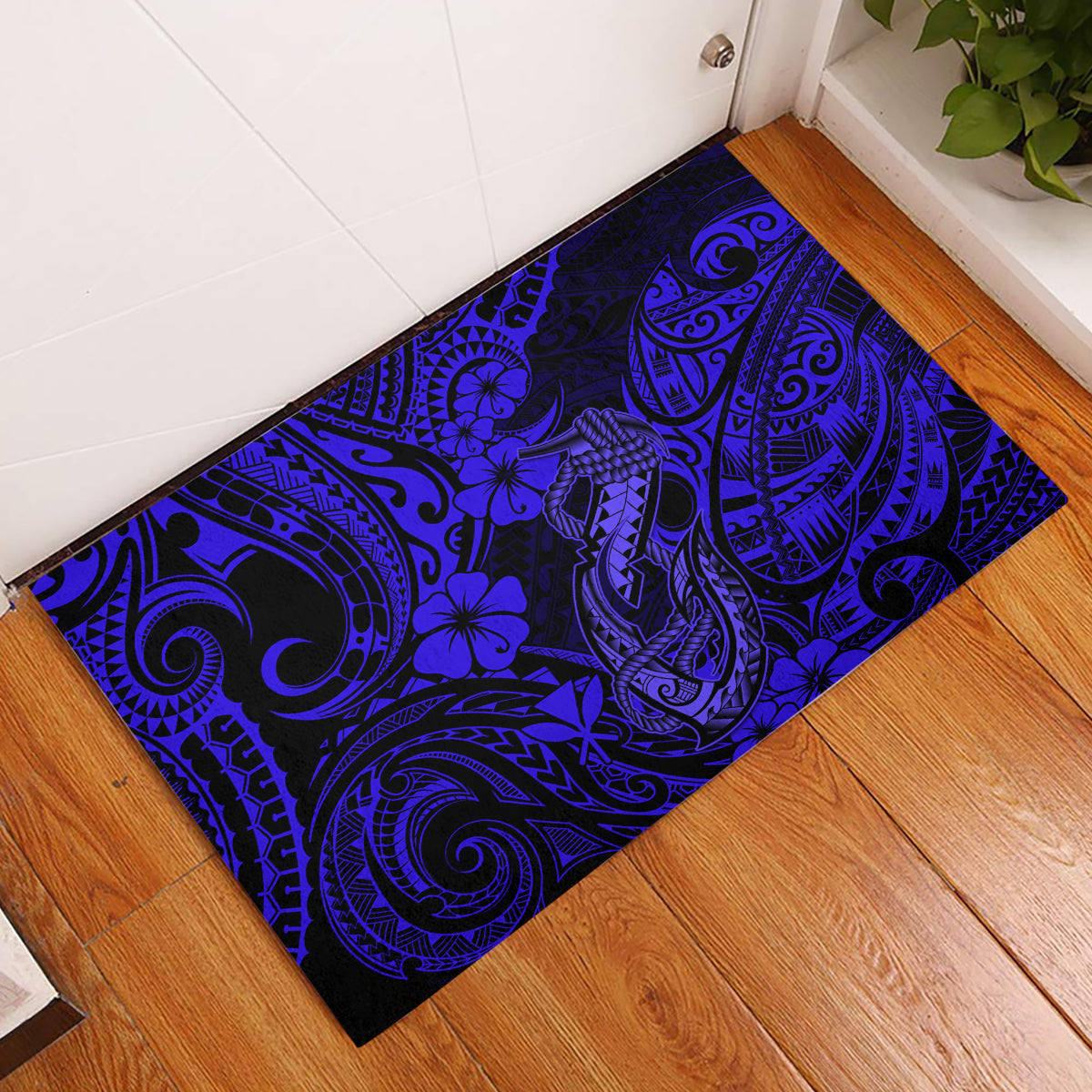 Hawaii Fish Hook Rubber Doormat Polynesian Pattern Navy Blue Version - Wonder Print Shop