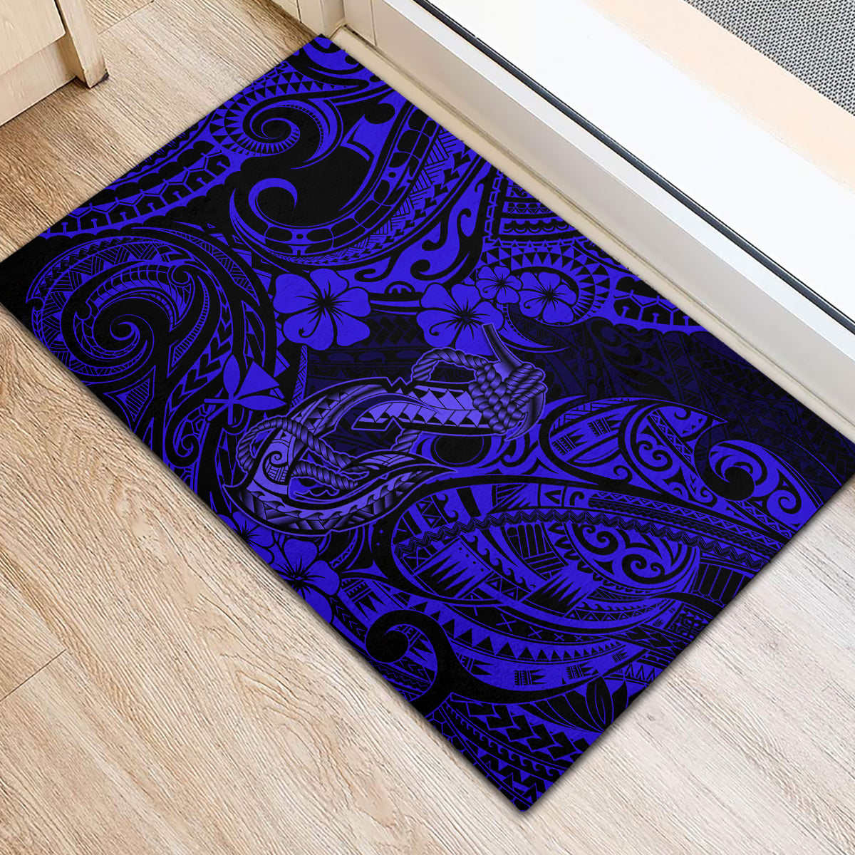 Hawaii Fish Hook Rubber Doormat Polynesian Pattern Navy Blue Version - Wonder Print Shop