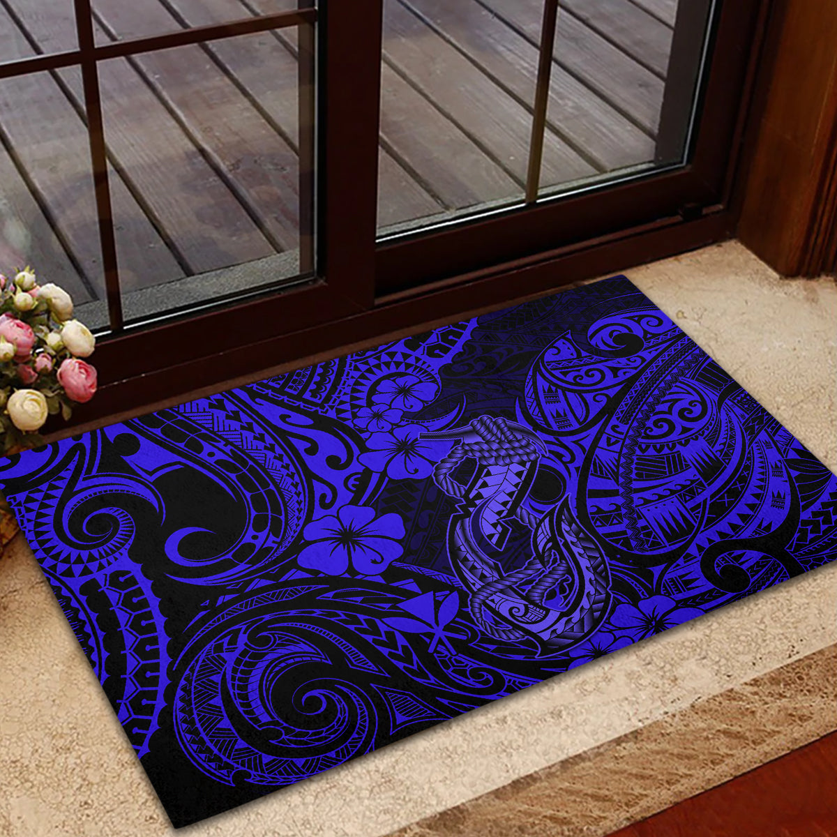 Hawaii Fish Hook Rubber Doormat Polynesian Pattern Navy Blue Version - Wonder Print Shop