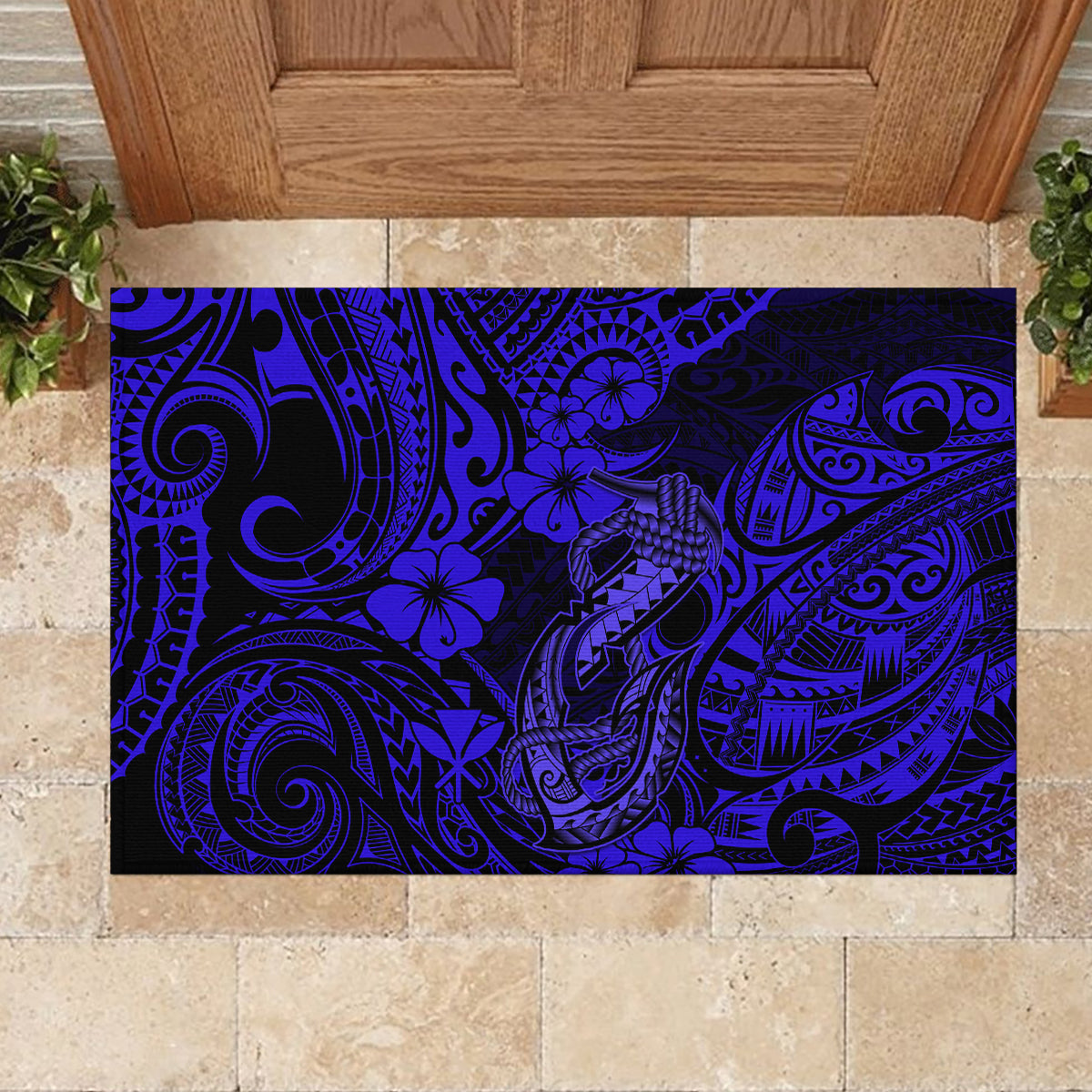 Hawaii Fish Hook Rubber Doormat Polynesian Pattern Navy Blue Version - Wonder Print Shop