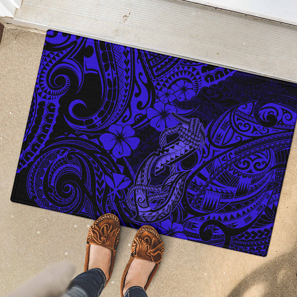 Hawaii Fish Hook Rubber Doormat Polynesian Pattern Navy Blue Version - Wonder Print Shop