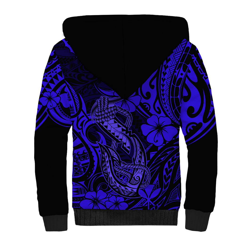 Hawaii Fish Hook Sherpa Hoodie Polynesian Pattern Navy Blue Version - Wonder Print Shop