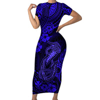 Hawaii Fish Hook Short Sleeve Bodycon Dress Polynesian Pattern Navy Blue Version - Wonder Print Shop