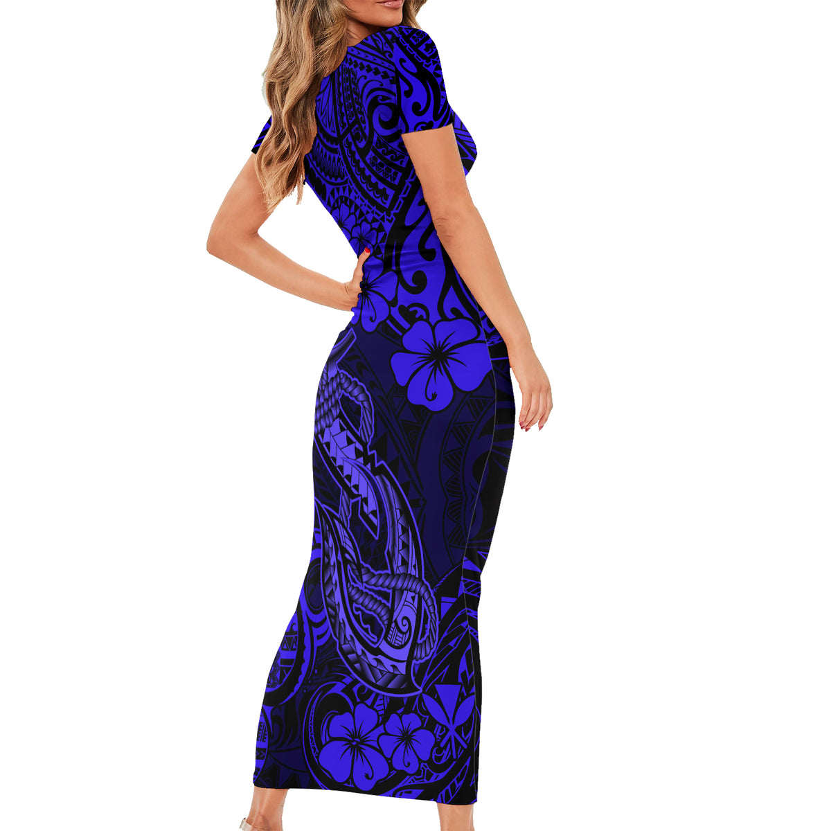 Hawaii Fish Hook Short Sleeve Bodycon Dress Polynesian Pattern Navy Blue Version - Wonder Print Shop