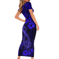Hawaii Fish Hook Short Sleeve Bodycon Dress Polynesian Pattern Navy Blue Version - Wonder Print Shop