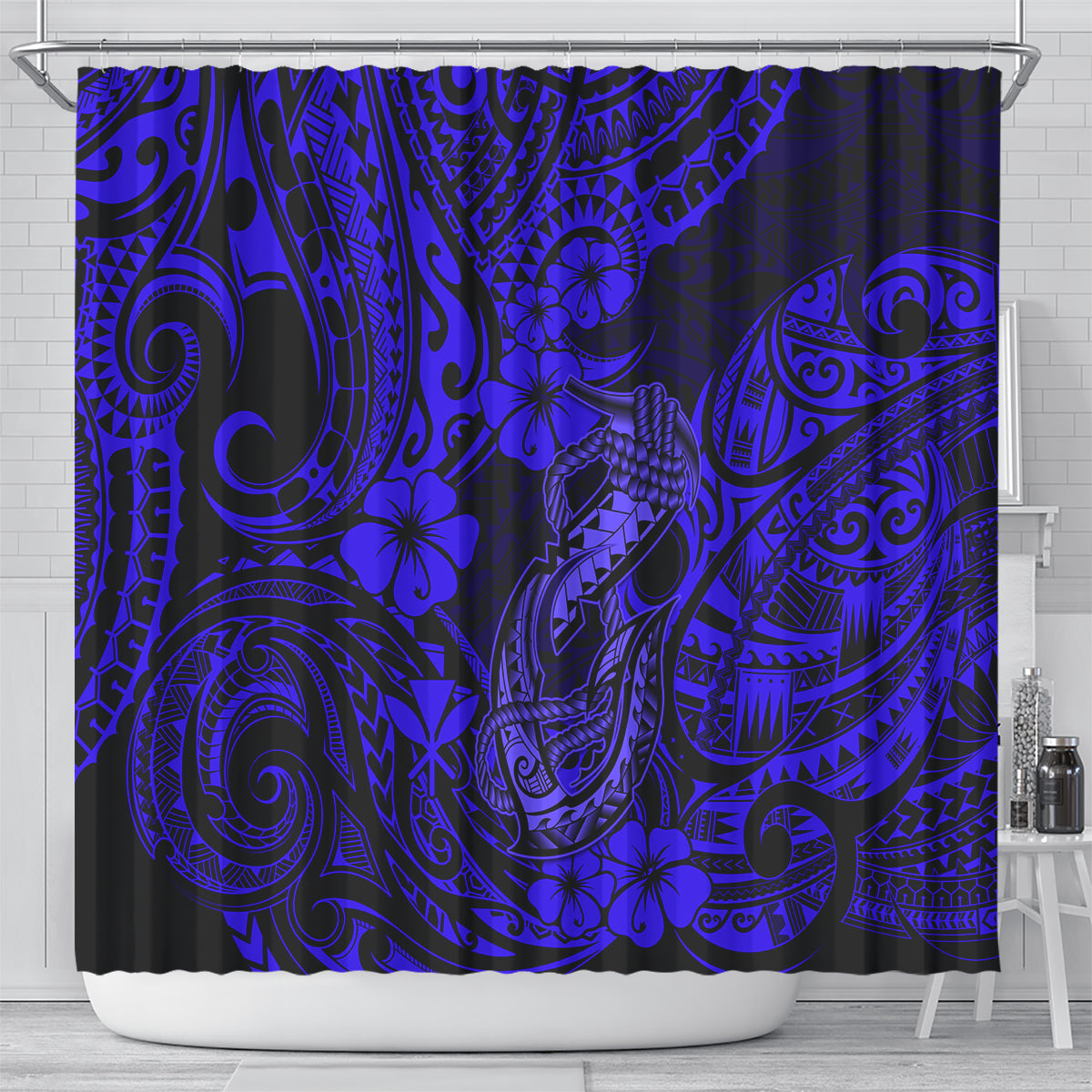 hawaii-fish-hook-shower-curtain-polynesian-pattern-navy-blue-version