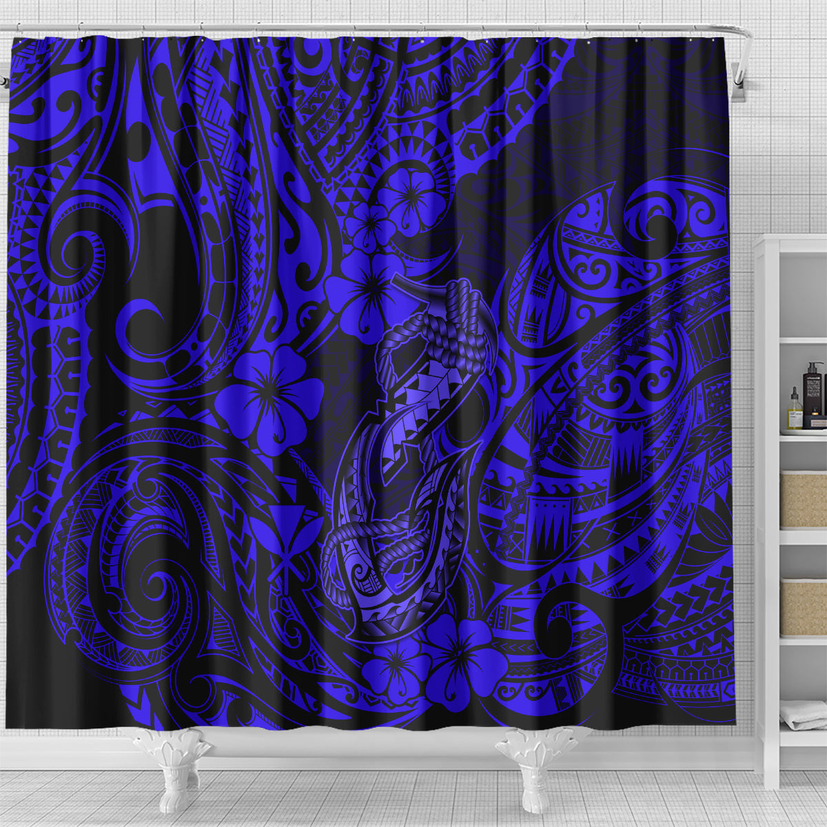 hawaii-fish-hook-shower-curtain-polynesian-pattern-navy-blue-version