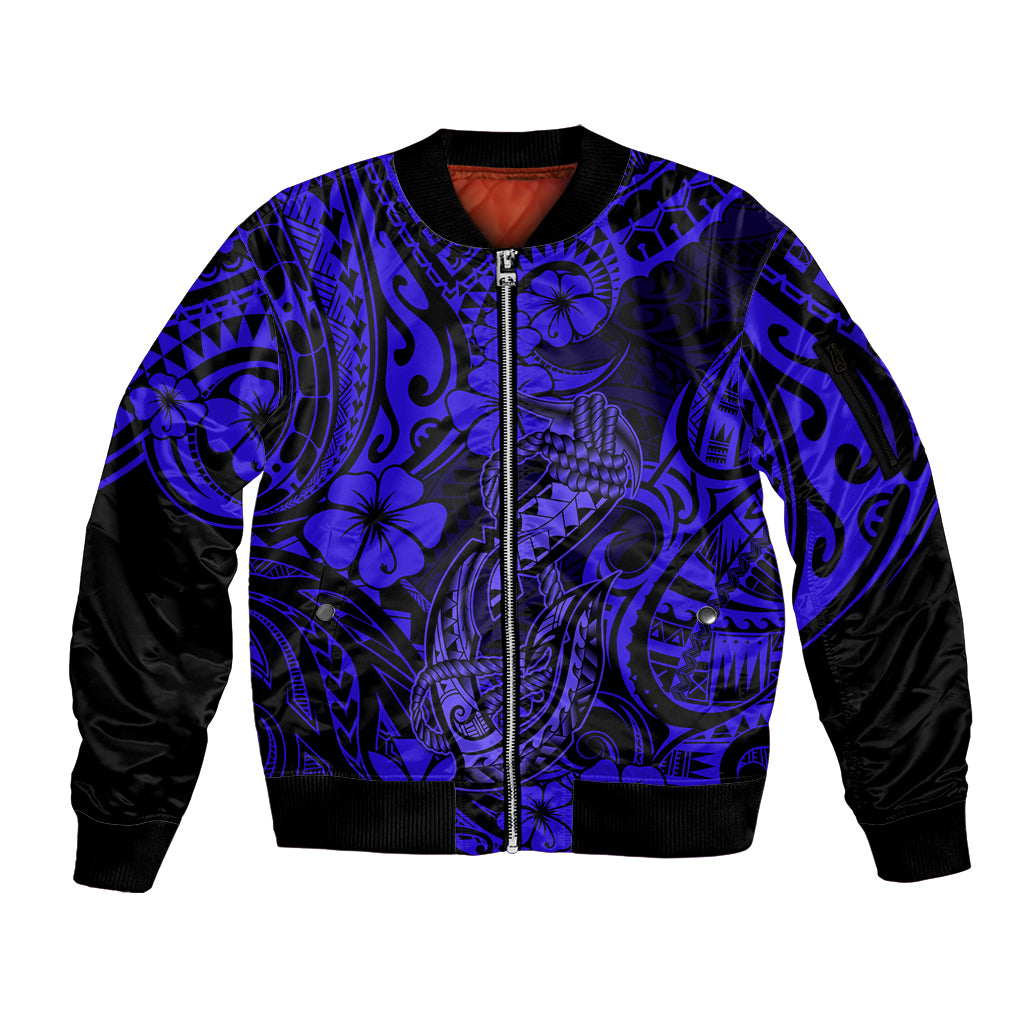 Hawaii Fish Hook Sleeve Zip Bomber Jacket Polynesian Pattern Navy Blue Version - Wonder Print Shop
