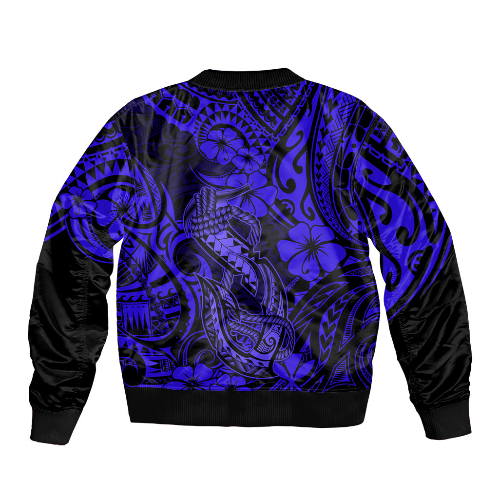 Hawaii Fish Hook Sleeve Zip Bomber Jacket Polynesian Pattern Navy Blue Version - Wonder Print Shop