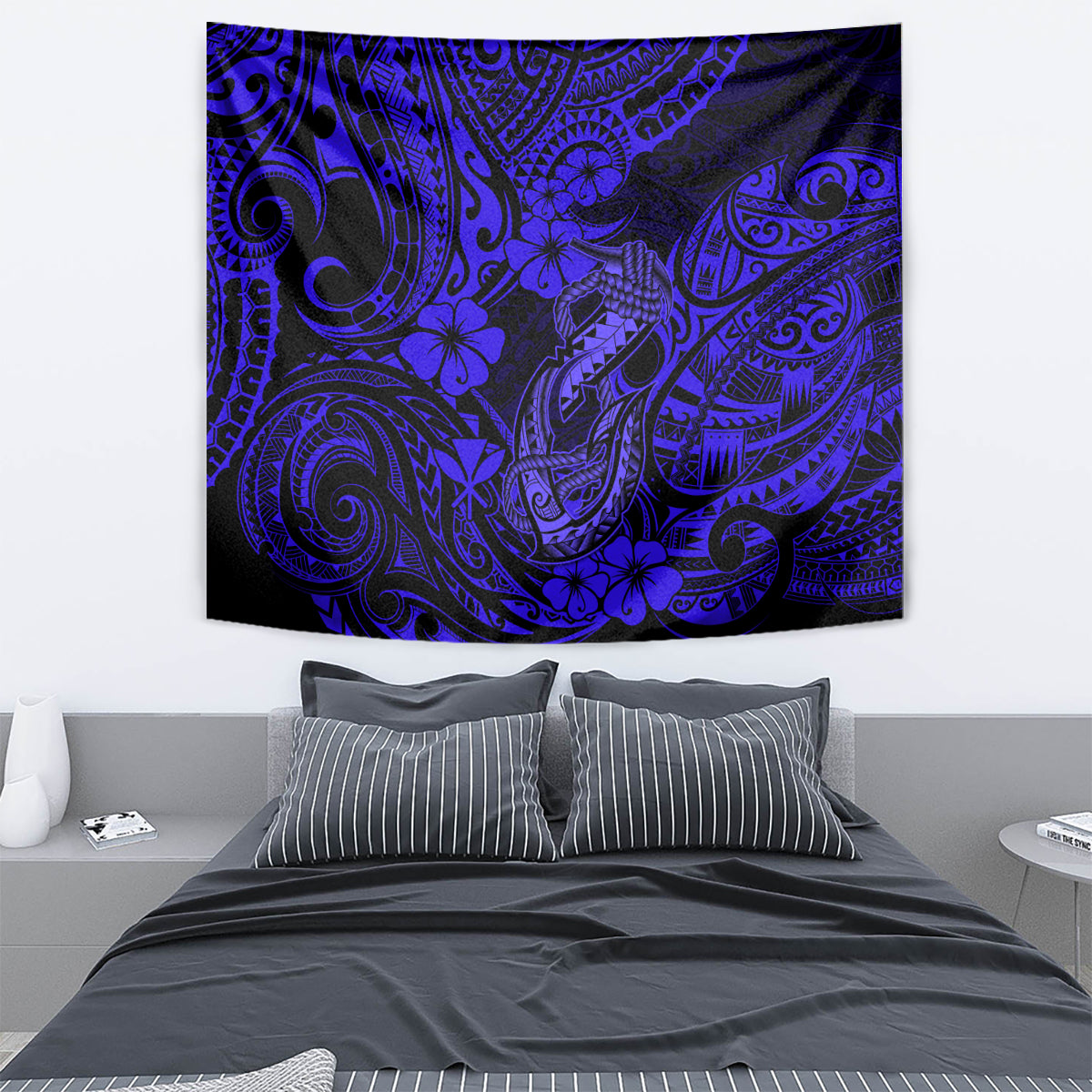 Hawaii Fish Hook Tapestry Polynesian Pattern Navy Blue Version - Wonder Print Shop