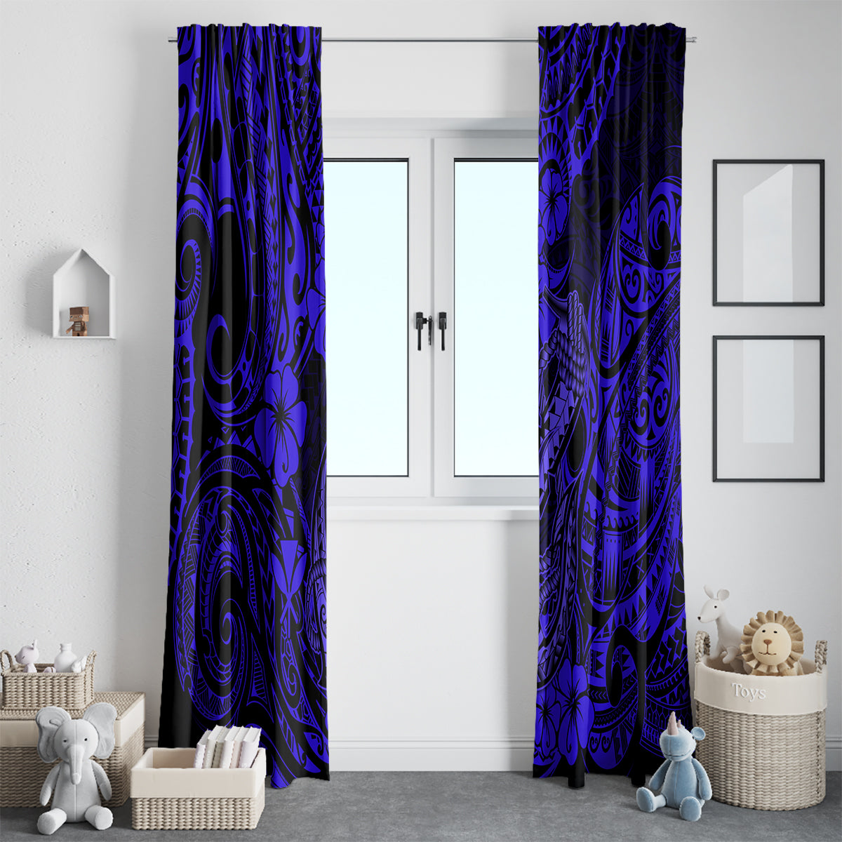 Hawaii Fish Hook Window Curtain Polynesian Pattern Navy Blue Version - Wonder Print Shop