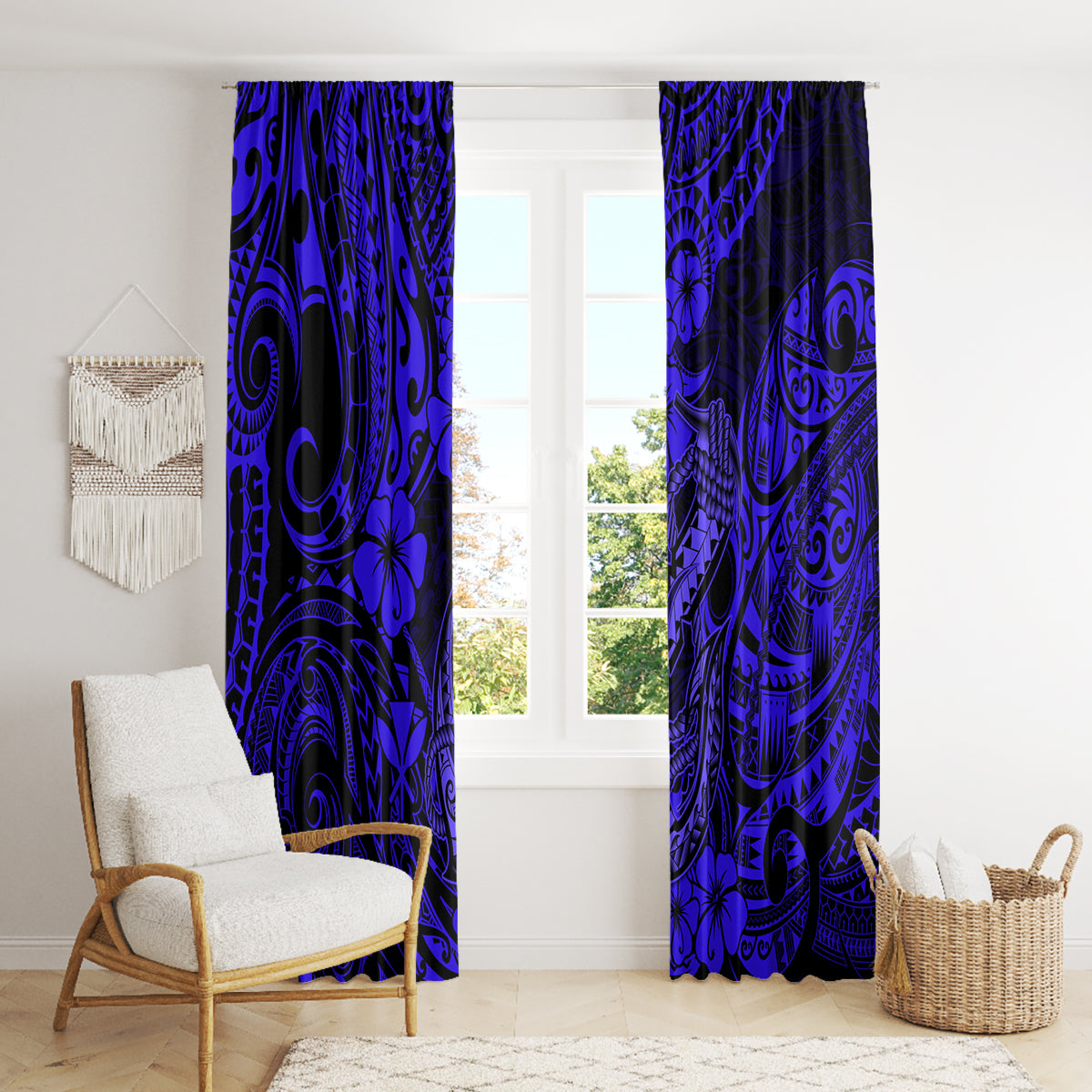 Hawaii Fish Hook Window Curtain Polynesian Pattern Navy Blue Version - Wonder Print Shop