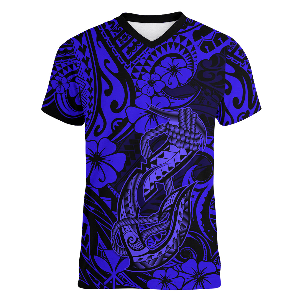 Hawaii Fish Hook Women V Neck T Shirt Polynesian Pattern Navy Blue Version - Wonder Print Shop