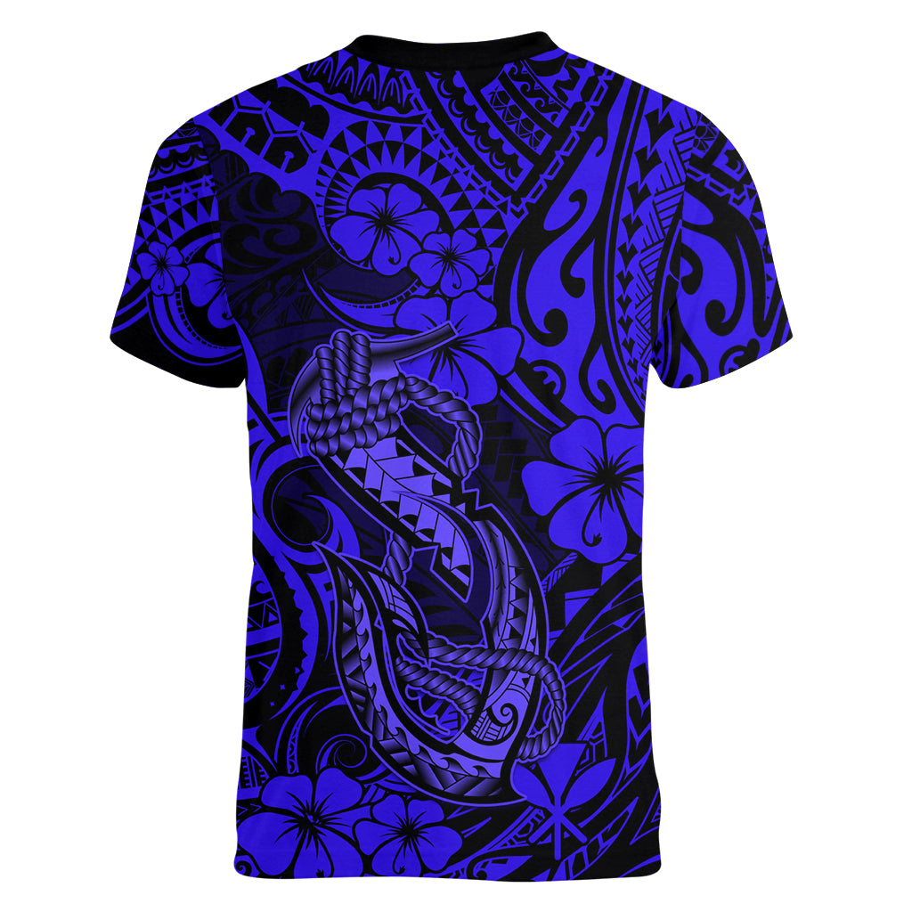 Hawaii Fish Hook Women V Neck T Shirt Polynesian Pattern Navy Blue Version - Wonder Print Shop