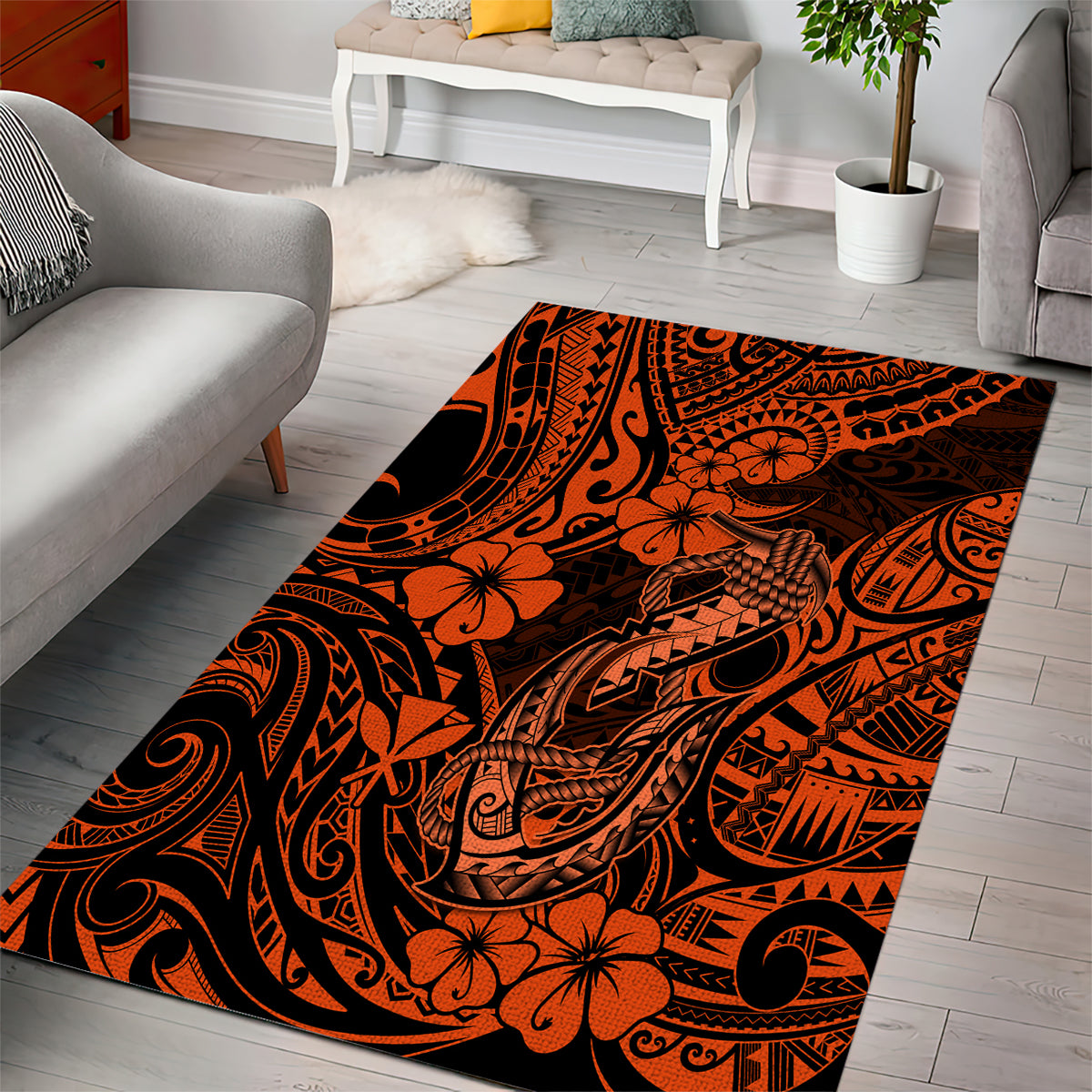 Hawaii Fish Hook Area Rug Polynesian Pattern Orange Version - Wonder Print Shop