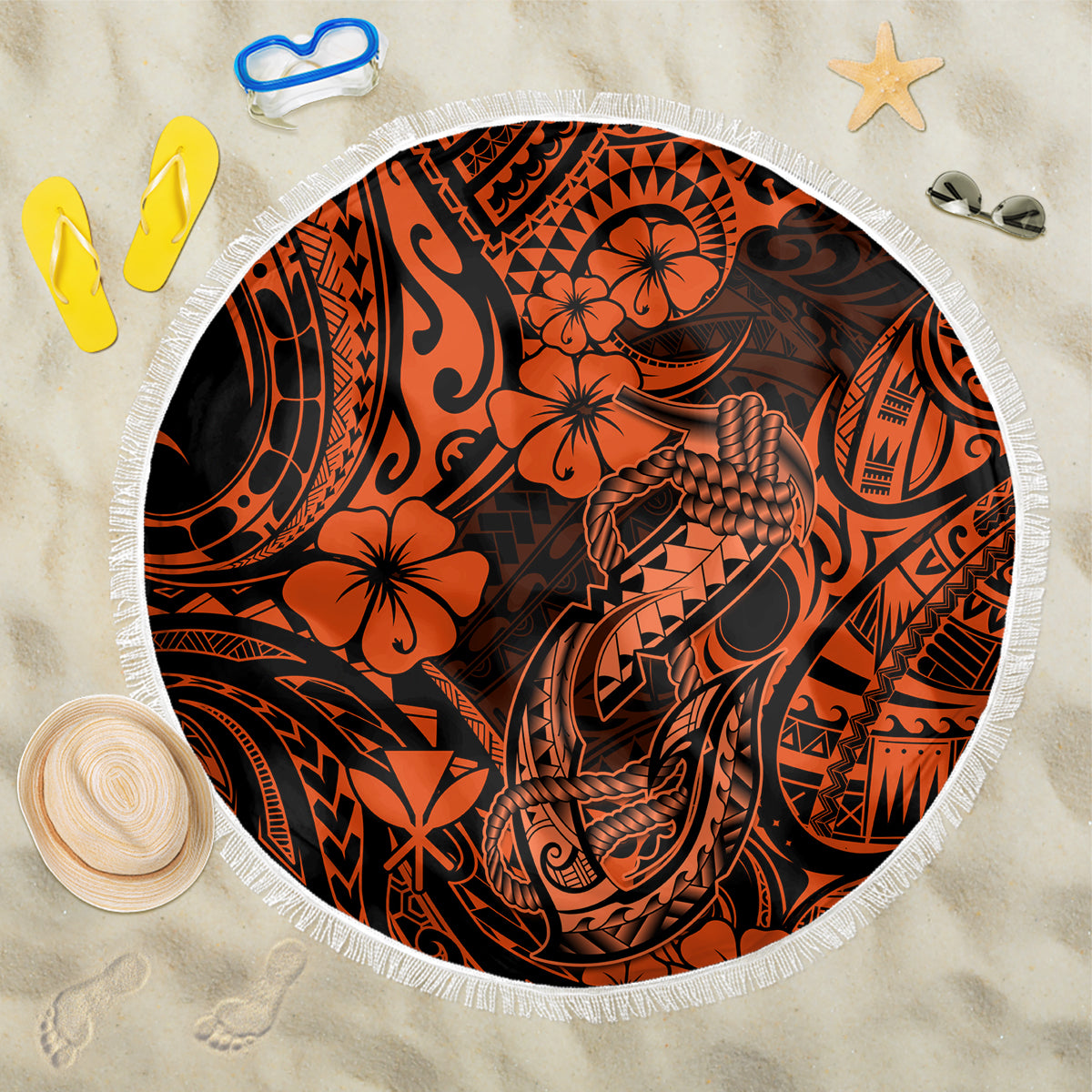 Hawaii Fish Hook Beach Blanket Polynesian Pattern Orange Version - Wonder Print Shop