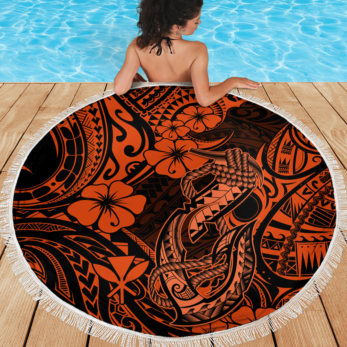 Hawaii Fish Hook Beach Blanket Polynesian Pattern Orange Version - Wonder Print Shop