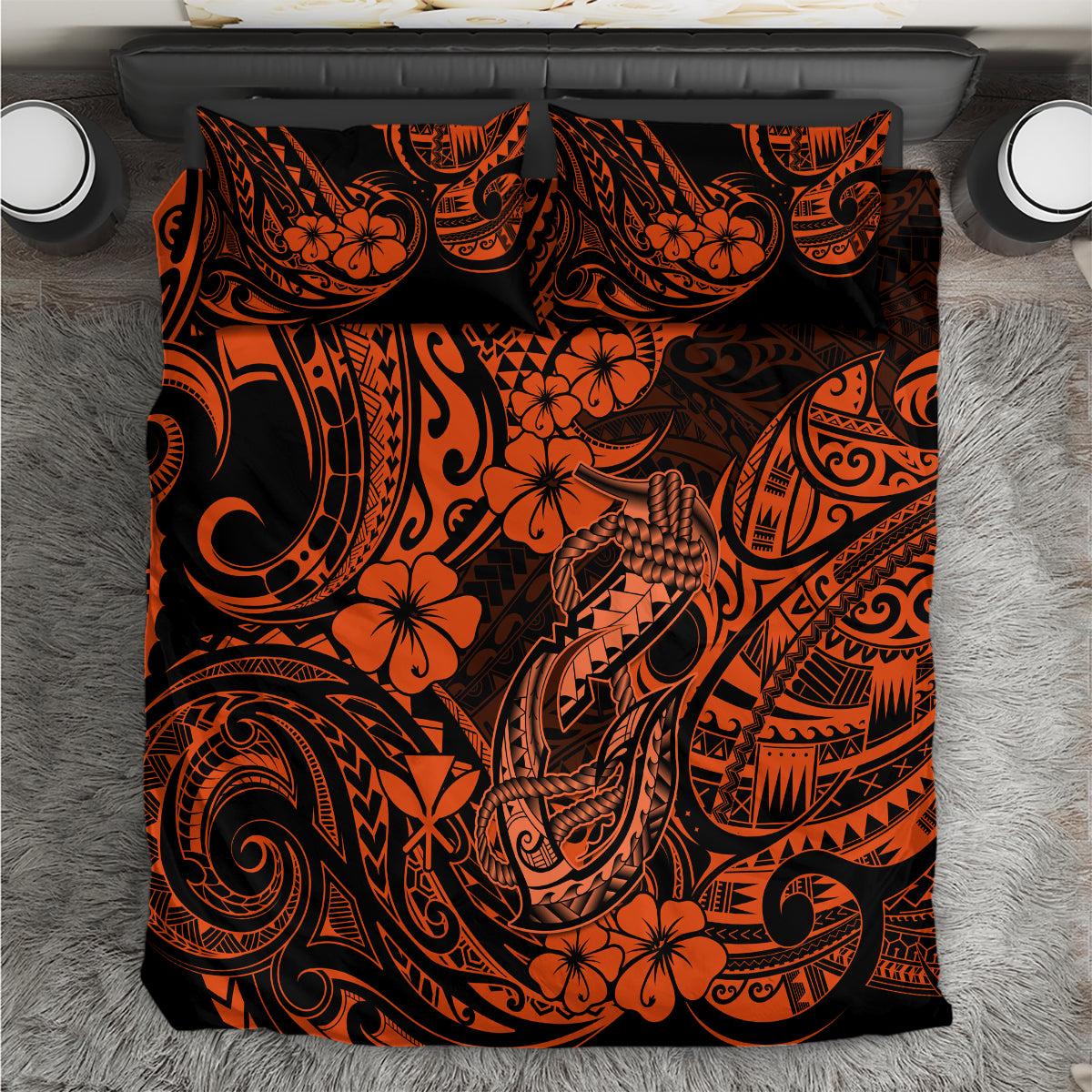 Hawaii Fish Hook Bedding Set Polynesian Pattern Orange Version - Wonder Print Shop