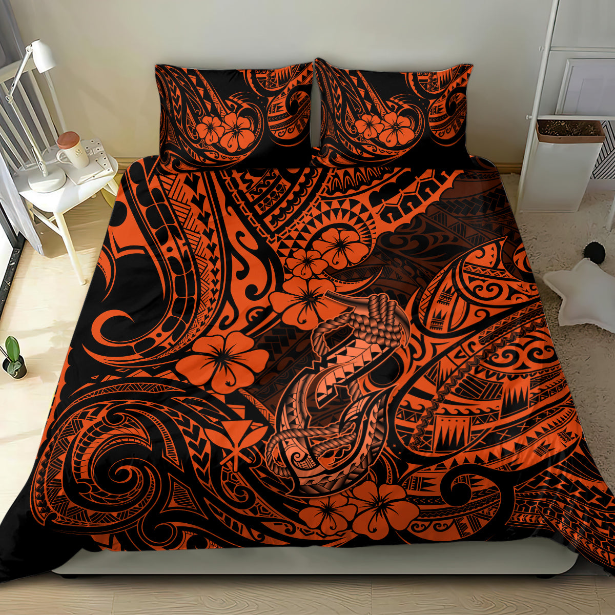 Hawaii Fish Hook Bedding Set Polynesian Pattern Orange Version - Wonder Print Shop