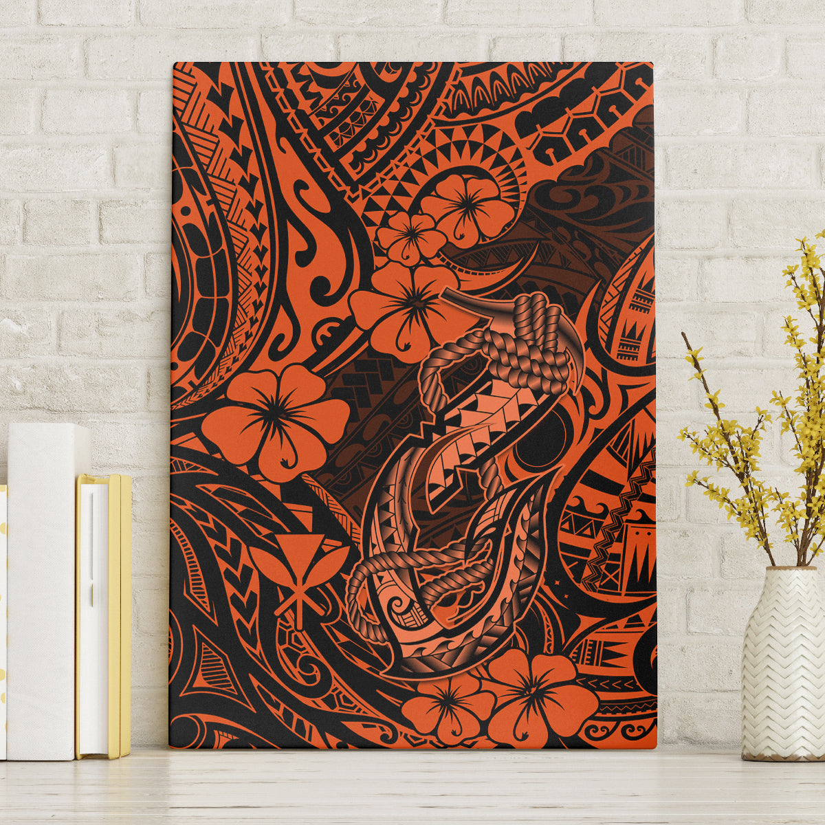 Hawaii Fish Hook Canvas Wall Art Polynesian Pattern Orange Version - Wonder Print Shop