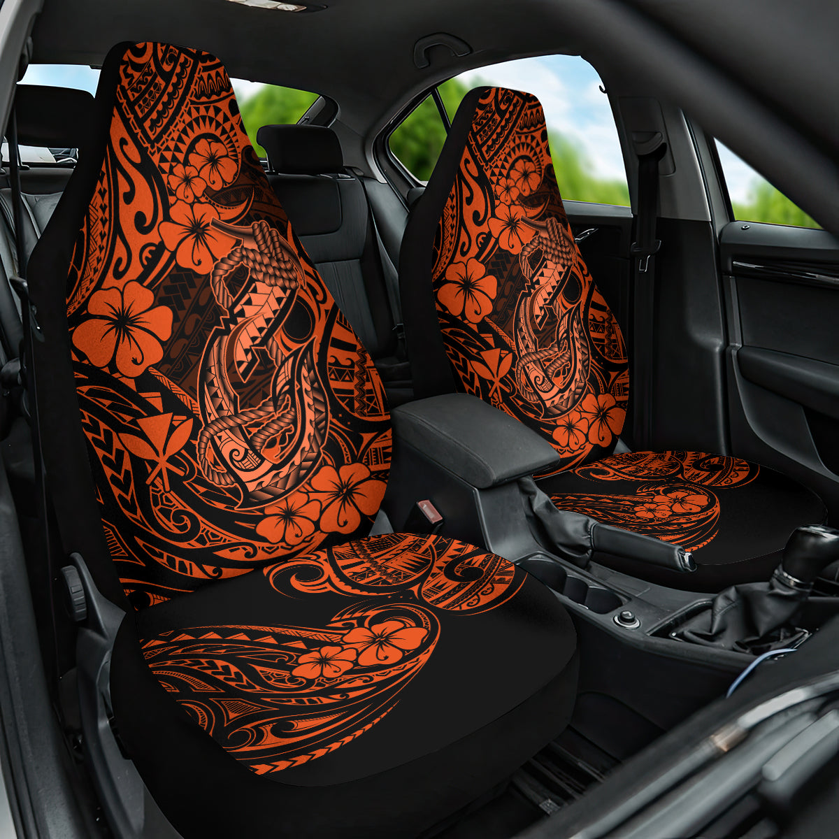 Hawaii Fish Hook Car Seat Cover Polynesian Pattern Orange Version - Wonder Print Shop