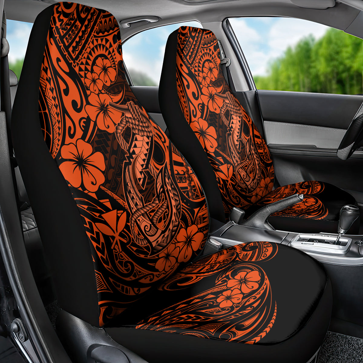 Hawaii Fish Hook Car Seat Cover Polynesian Pattern Orange Version - Wonder Print Shop