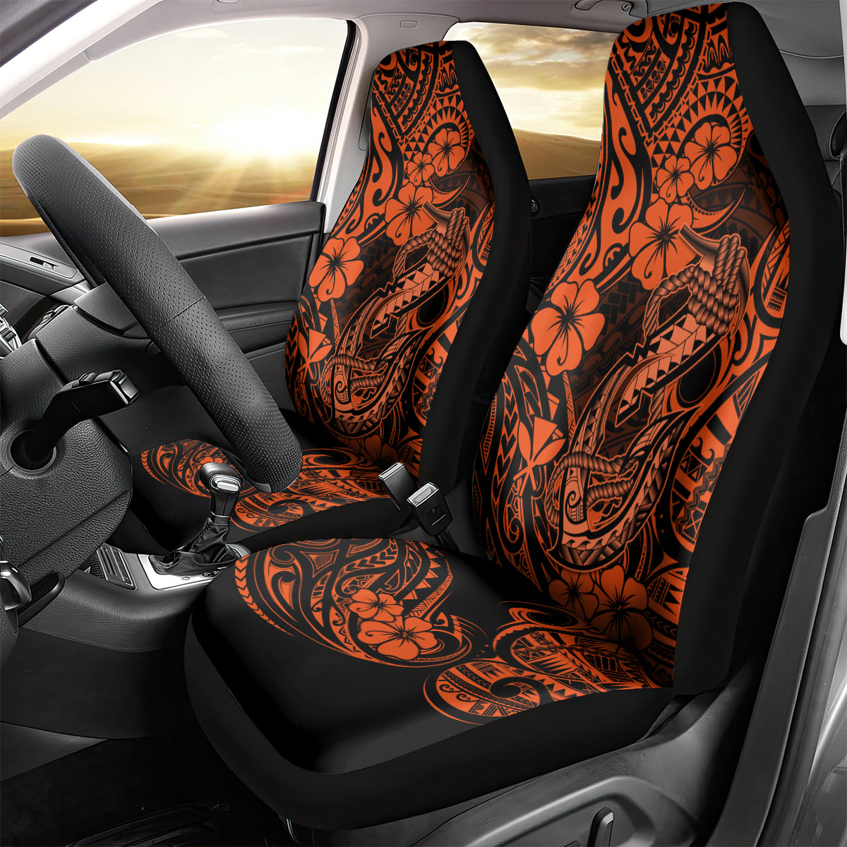 Hawaii Fish Hook Car Seat Cover Polynesian Pattern Orange Version - Wonder Print Shop