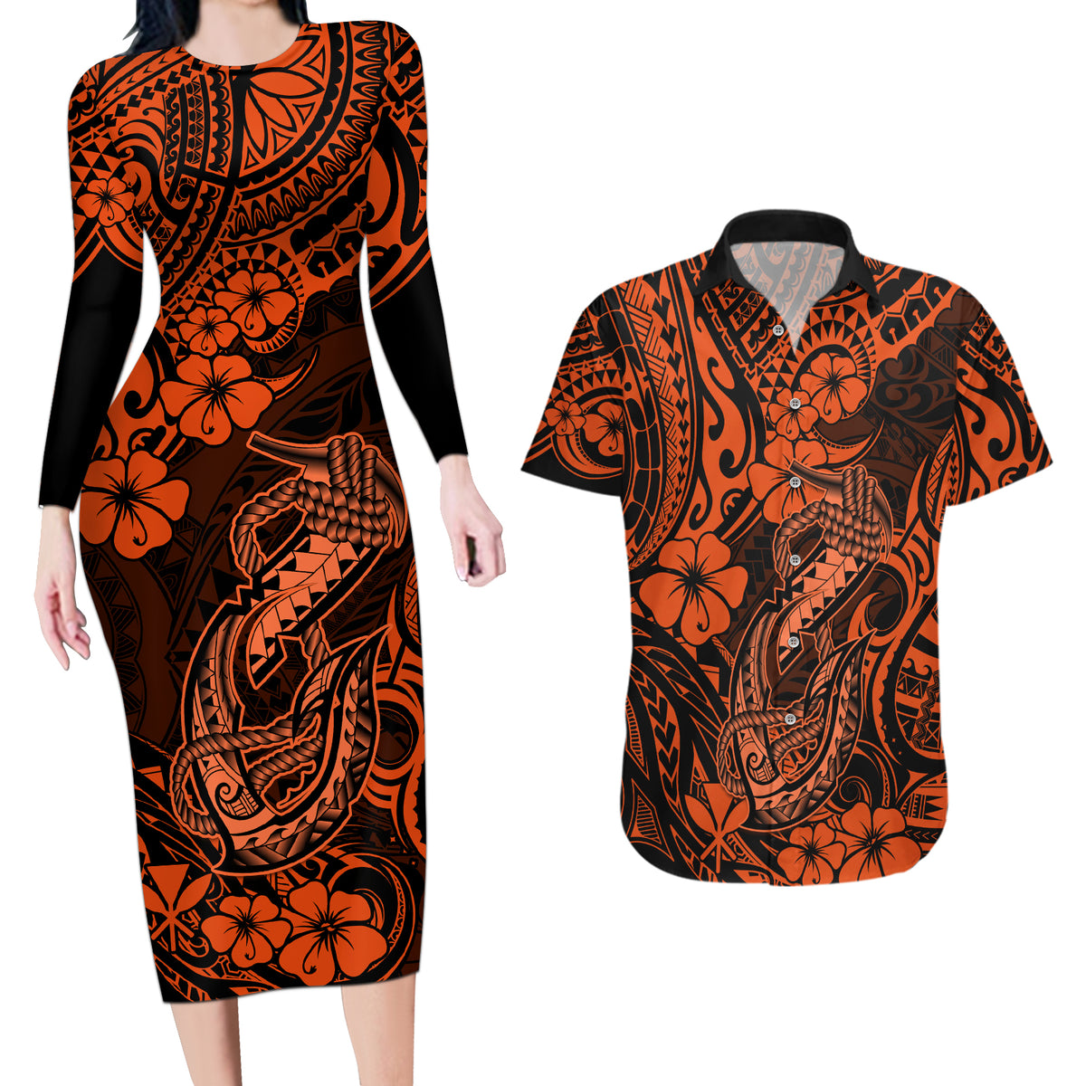 Hawaii Fish Hook Couples Matching Long Sleeve Bodycon Dress and Hawaiian Shirt Polynesian Pattern Orange Version - Wonder Print Shop