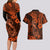 Hawaii Fish Hook Couples Matching Long Sleeve Bodycon Dress and Hawaiian Shirt Polynesian Pattern Orange Version - Wonder Print Shop