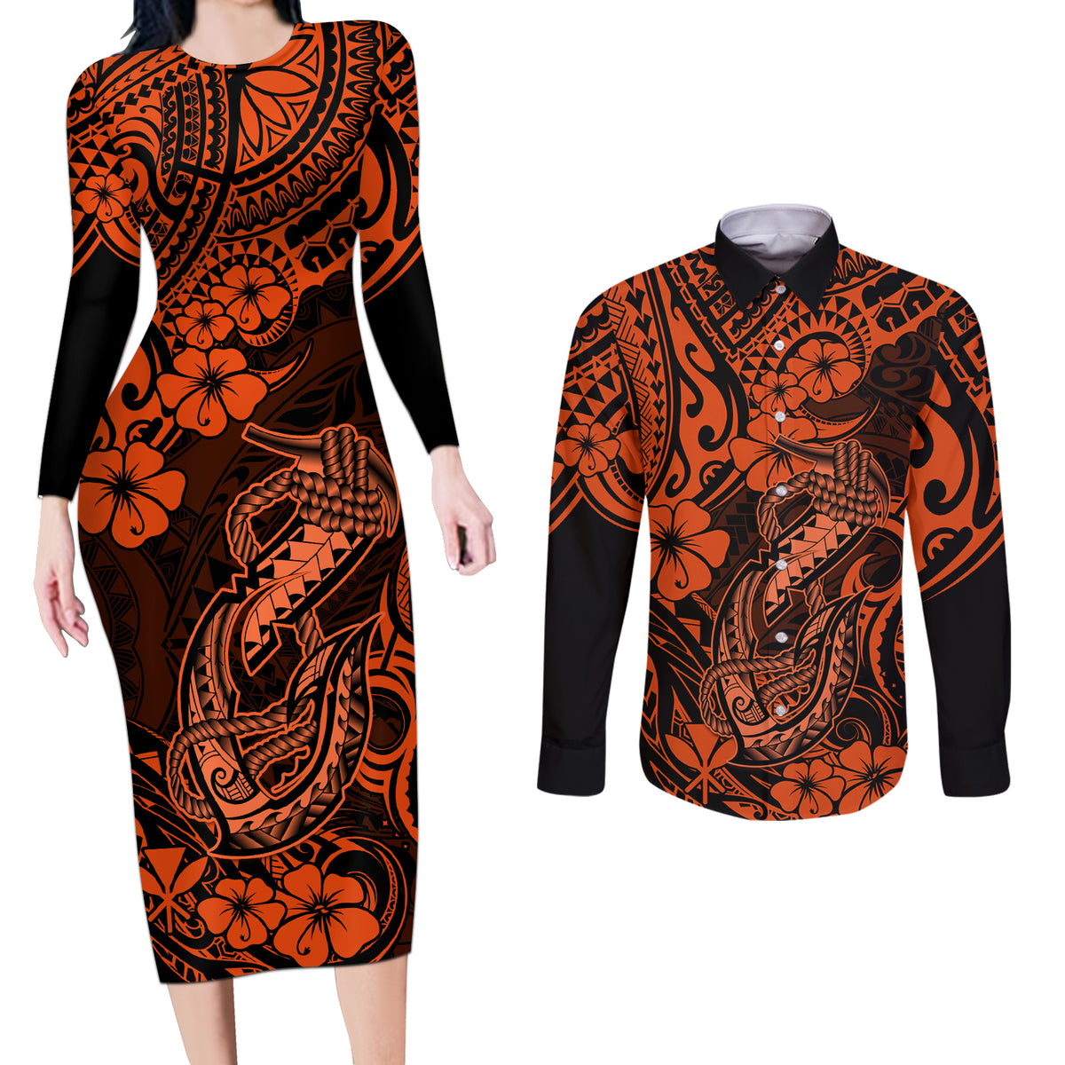 Hawaii Fish Hook Couples Matching Long Sleeve Bodycon Dress and Long Sleeve Button Shirts Polynesian Pattern Orange Version - Wonder Print Shop