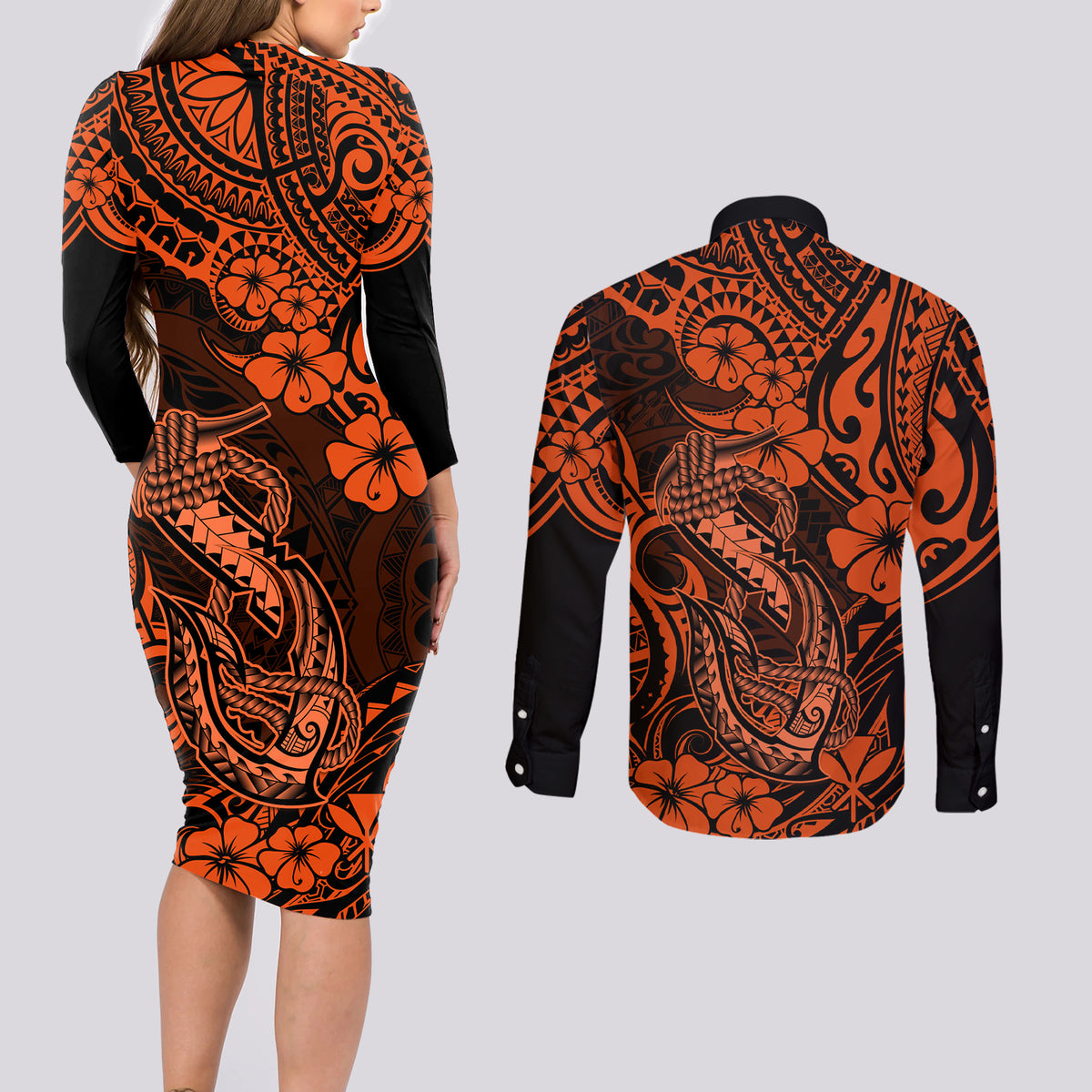 Hawaii Fish Hook Couples Matching Long Sleeve Bodycon Dress and Long Sleeve Button Shirts Polynesian Pattern Orange Version - Wonder Print Shop