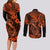 Hawaii Fish Hook Couples Matching Long Sleeve Bodycon Dress and Long Sleeve Button Shirts Polynesian Pattern Orange Version - Wonder Print Shop