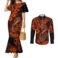 hawaii-fish-hook-couples-matching-mermaid-dress-and-long-sleeve-button-shirts-polynesian-pattern-orange-version