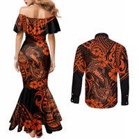 hawaii-fish-hook-couples-matching-mermaid-dress-and-long-sleeve-button-shirts-polynesian-pattern-orange-version