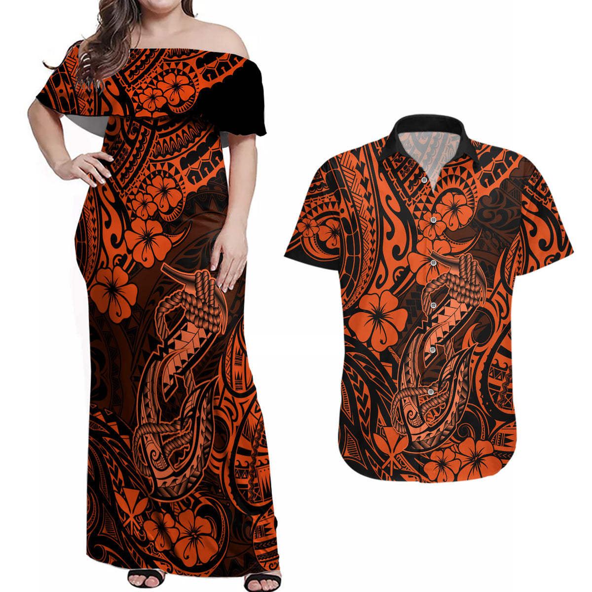 Hawaii Fish Hook Couples Matching Off Shoulder Maxi Dress and Hawaiian Shirt Polynesian Pattern Orange Version - Wonder Print Shop
