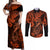 Hawaii Fish Hook Couples Matching Off Shoulder Maxi Dress and Long Sleeve Button Shirts Polynesian Pattern Orange Version - Wonder Print Shop