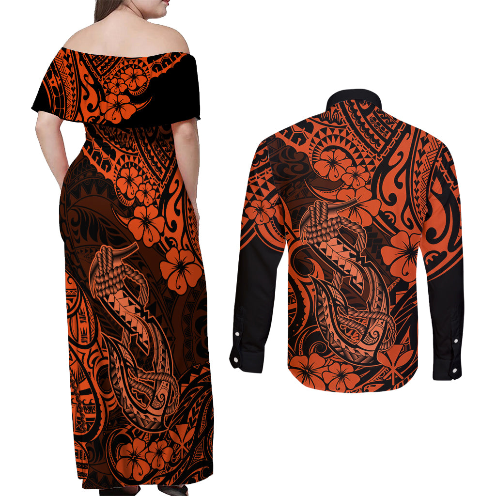 Hawaii Fish Hook Couples Matching Off Shoulder Maxi Dress and Long Sleeve Button Shirts Polynesian Pattern Orange Version - Wonder Print Shop