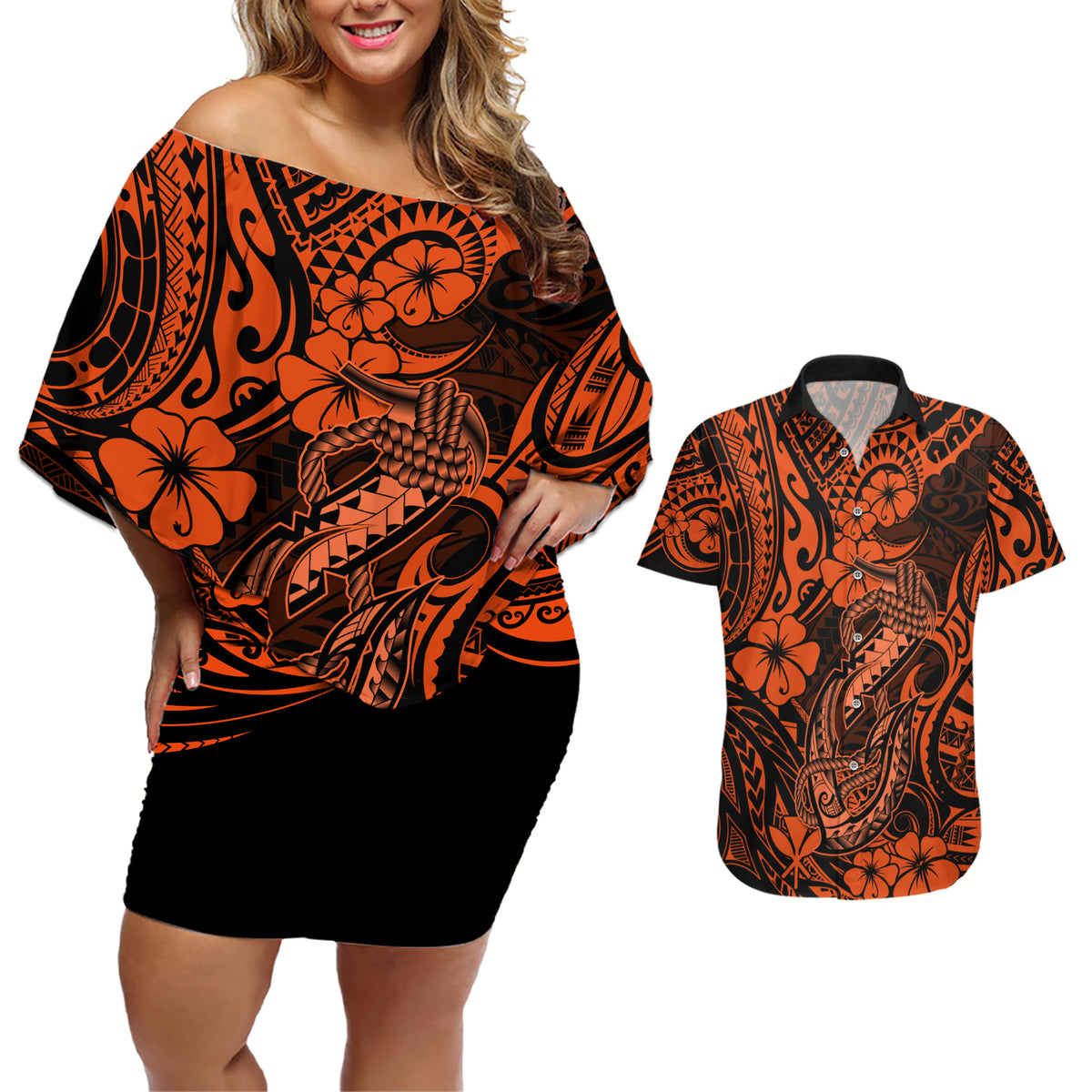 Hawaii Fish Hook Couples Matching Off Shoulder Short Dress and Hawaiian Shirt Polynesian Pattern Orange Version - Wonder Print Shop