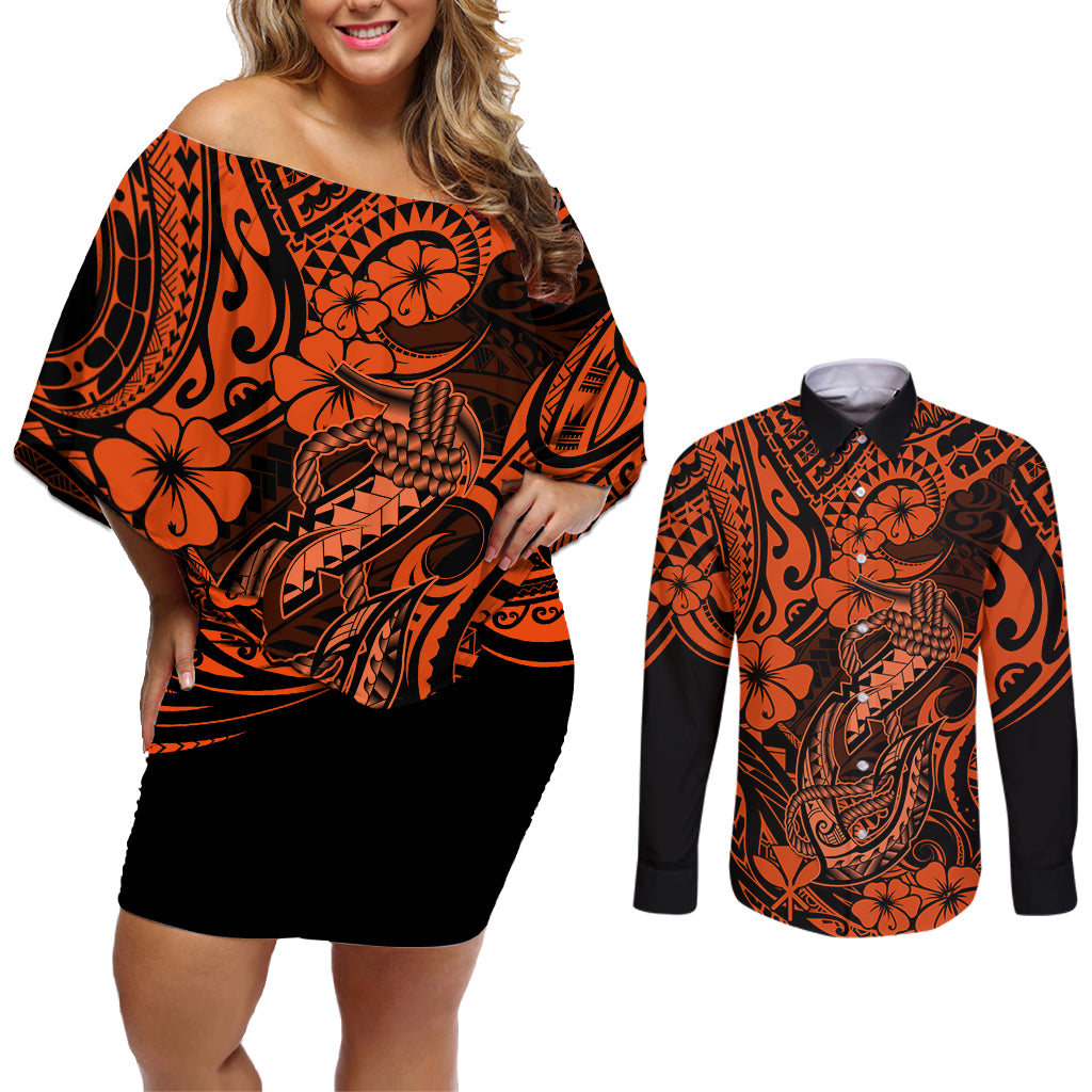 Hawaii Fish Hook Couples Matching Off Shoulder Short Dress and Long Sleeve Button Shirts Polynesian Pattern Orange Version - Wonder Print Shop
