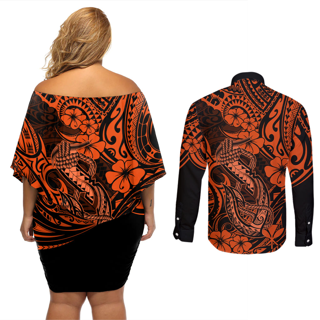 Hawaii Fish Hook Couples Matching Off Shoulder Short Dress and Long Sleeve Button Shirts Polynesian Pattern Orange Version - Wonder Print Shop
