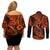Hawaii Fish Hook Couples Matching Off Shoulder Short Dress and Long Sleeve Button Shirts Polynesian Pattern Orange Version - Wonder Print Shop