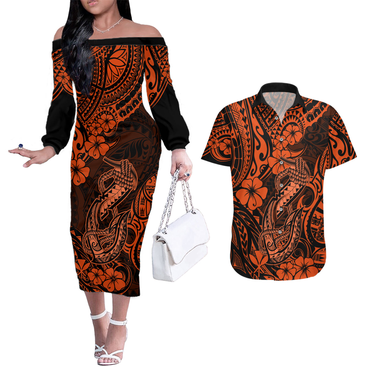 Hawaii Fish Hook Couples Matching Off The Shoulder Long Sleeve Dress and Hawaiian Shirt Polynesian Pattern Orange Version - Wonder Print Shop