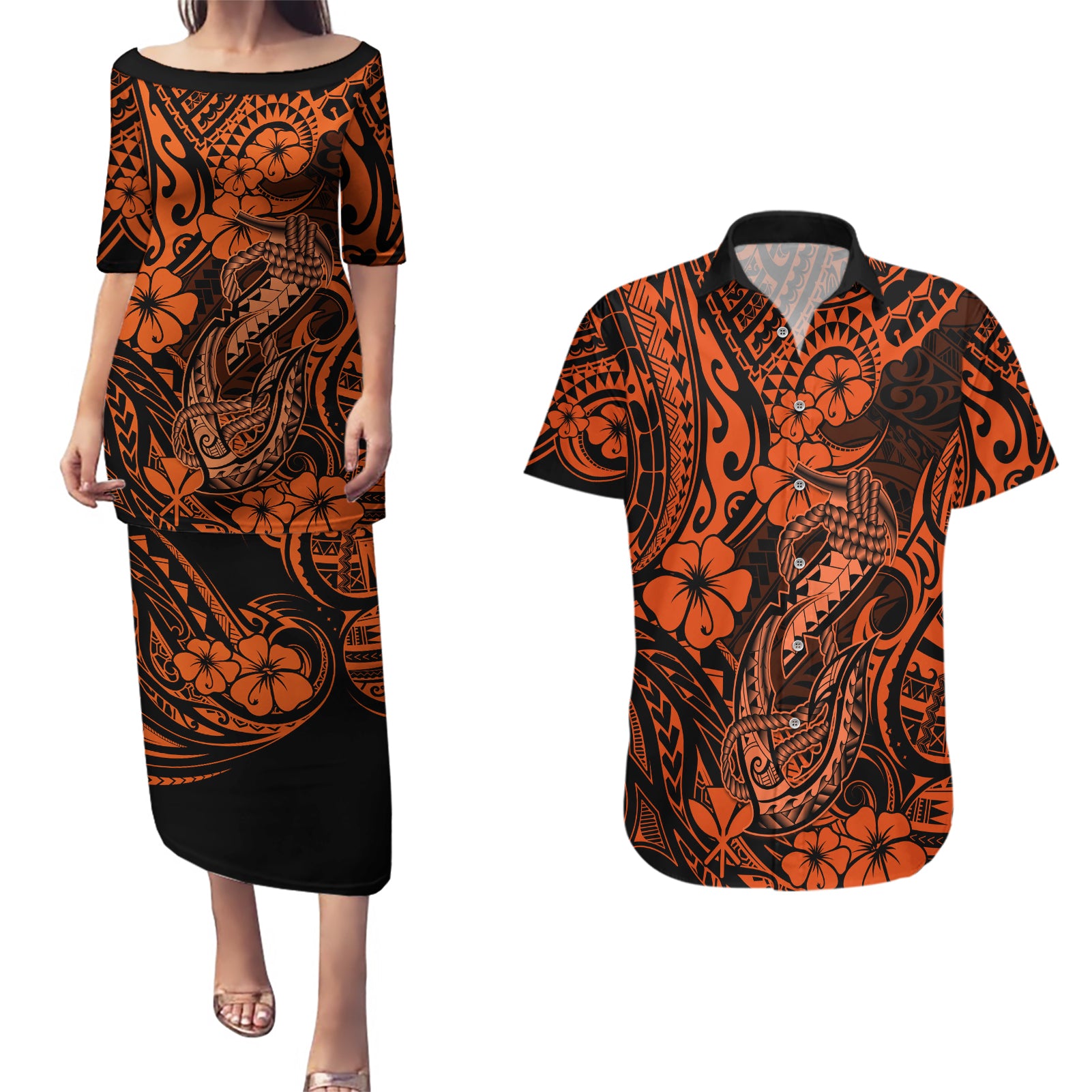 Hawaii Fish Hook Couples Matching Puletasi Dress and Hawaiian Shirt Polynesian Pattern Orange Version - Wonder Print Shop