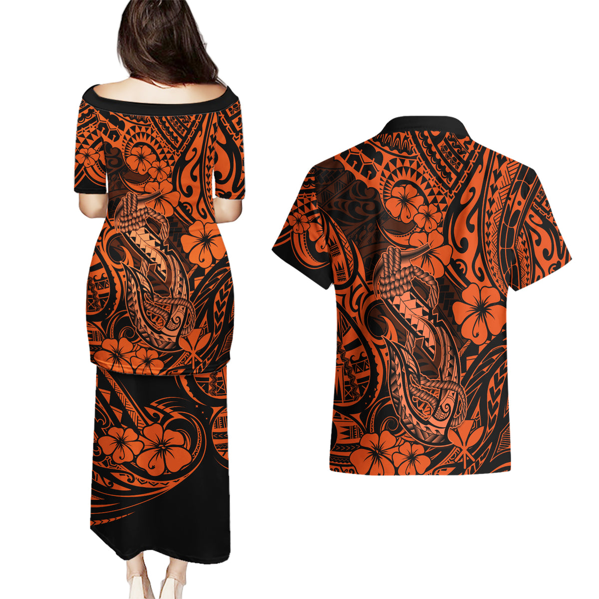 Hawaii Fish Hook Couples Matching Puletasi Dress and Hawaiian Shirt Polynesian Pattern Orange Version - Wonder Print Shop