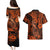 Hawaii Fish Hook Couples Matching Puletasi Dress and Hawaiian Shirt Polynesian Pattern Orange Version - Wonder Print Shop